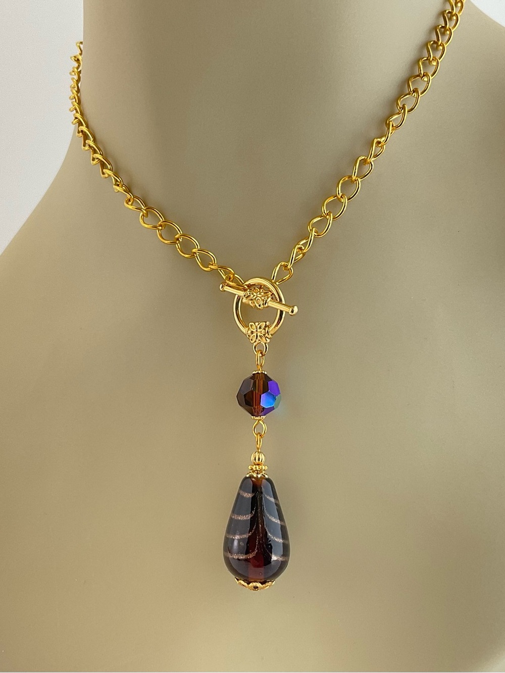 Dark Chocolate Brown Lamp Work Glass & Aurora Borealis Crystal Pendant Necklace